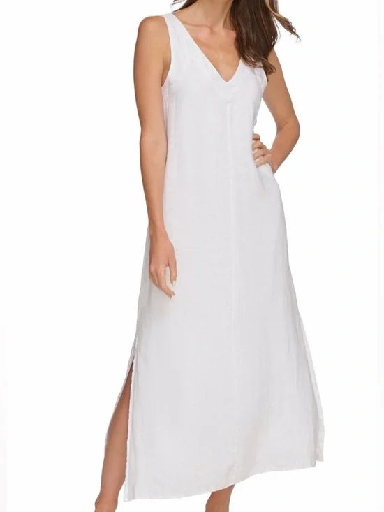 🆕DKNY Pure White Linen Maxi Dress Sleeveless Side Slit Summer Dress Size S Chic - Picture 1 of 15